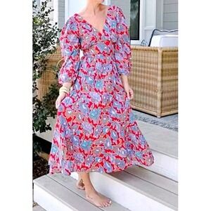 NWT Caroline Constas Dress XS Frenchie Print Floral Long Sleeve Maxi Boho Tiered